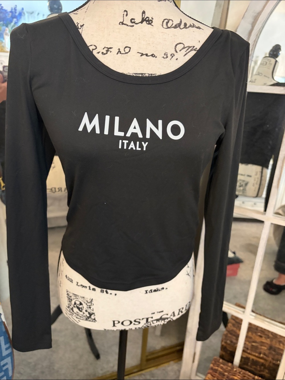 Milano Black Long Sleeve Scoop Neck Tee with White Logo